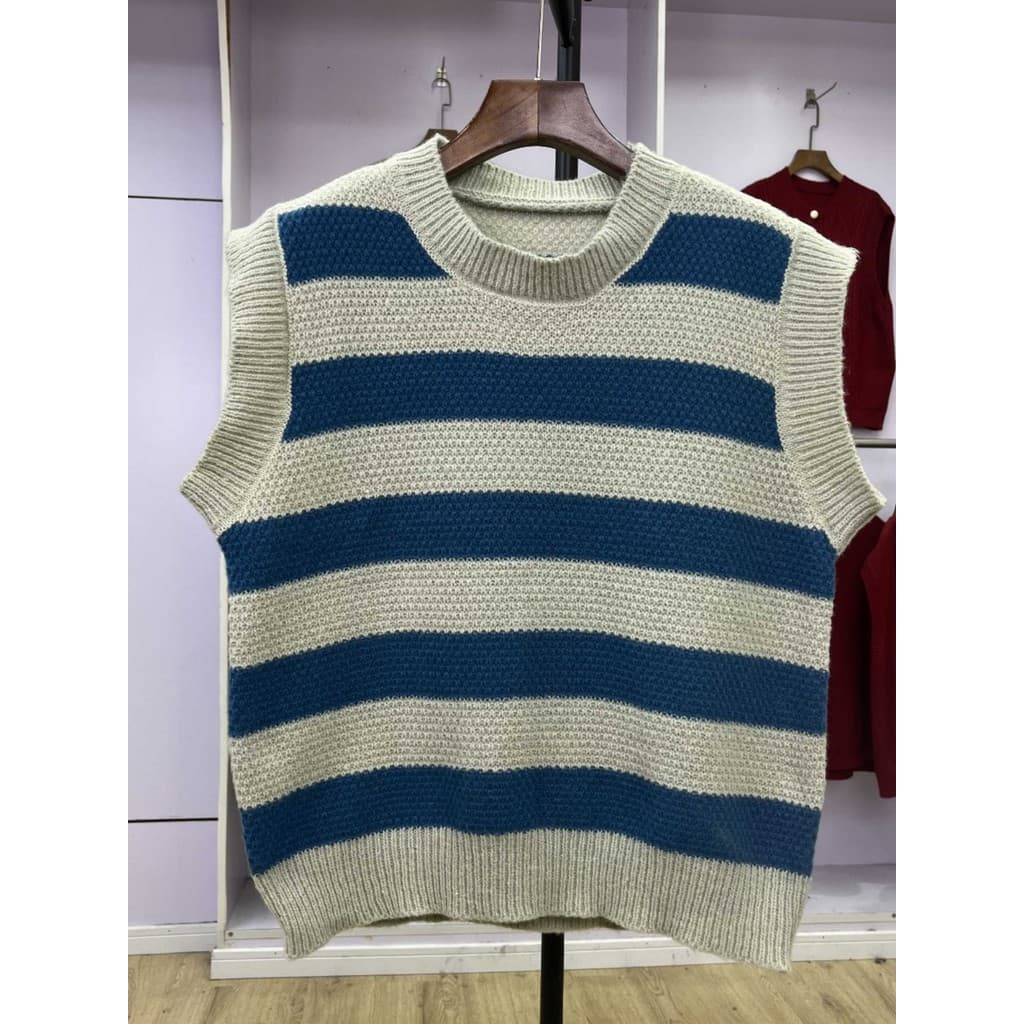749 outono inverno novo estilo em torno do pescoço listrado colete de malha feminino solto Casual sem mangas camisola co