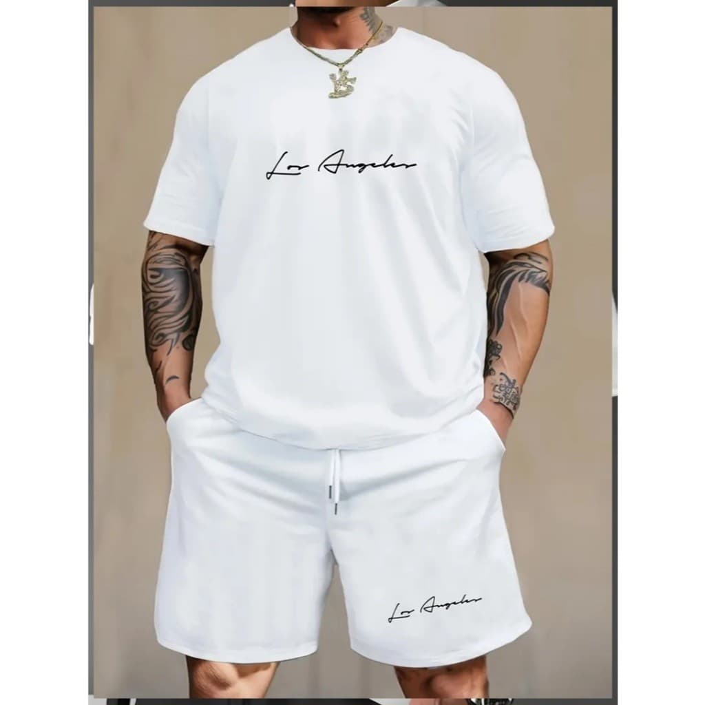 Conjunto Moleton Masculino Bermuda + Camiseta Basica Los Angeles