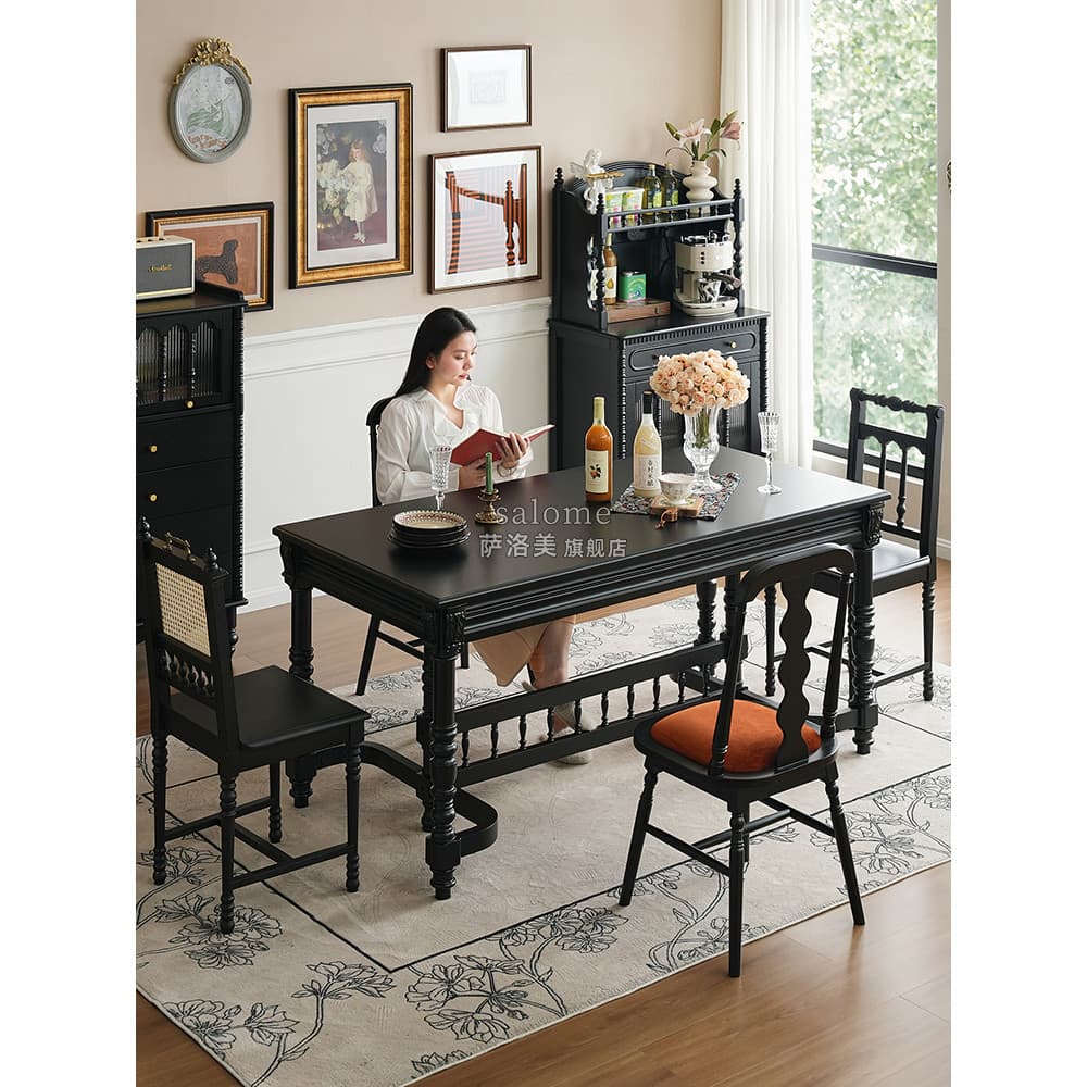 Mesa de jantar de madeira maciça preta francesa doméstica pequena apartamento americano High-End estilo Medieval sala de