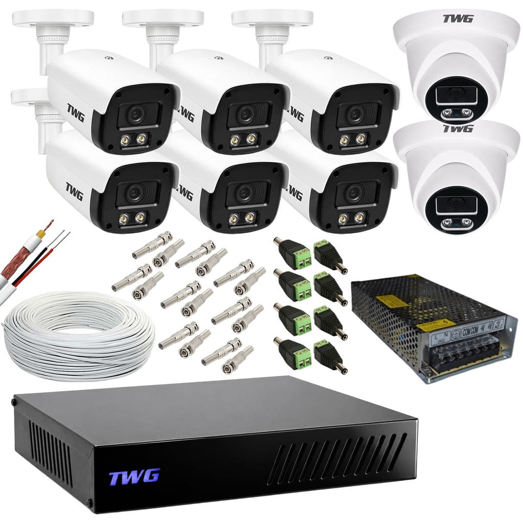KIT CFTV 6 BULLETS 2 DOME 2MP 20M IMAGENS NOTURNAS COLORIDAS COM DVR DE 8 FT 10A SEM HD