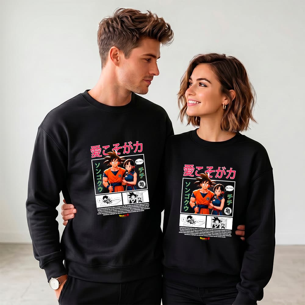 Kit 2 Moletom Gola Careca Casal Anime Goku e Chi Chi Dragon Ball Cartoon Manga Presente Namorados
