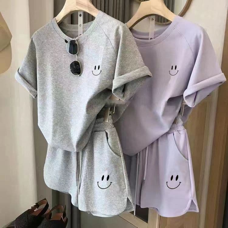 Verão impresso Smiley solto simples moda redução de idade lazer esportes terno de duas peças