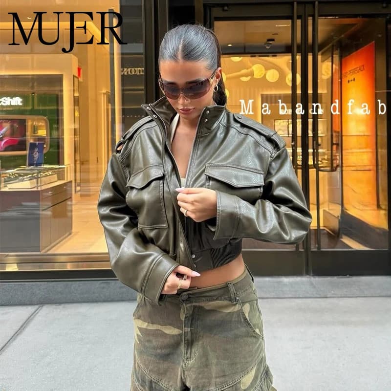 Jaqueta Cropped de Couro Sintético MUJER, Jaqueta Bomber Feminina para Meia-estação, Casacos Femininos de Manga Longa, J