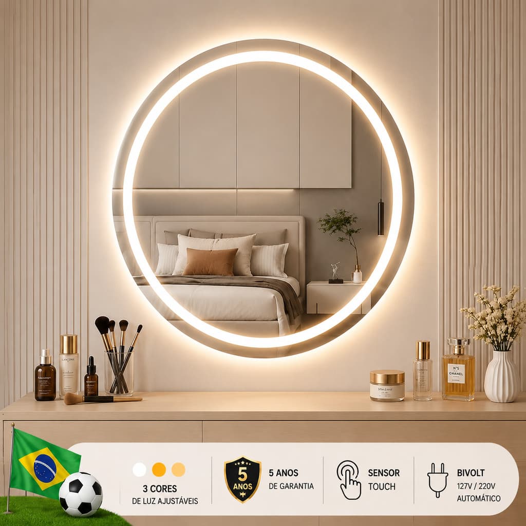 Espelho Banheiro Inteligente 3 Cores LED, Espelho Maquiagem com Luz, Interruptor Toque e Espelho de Parede