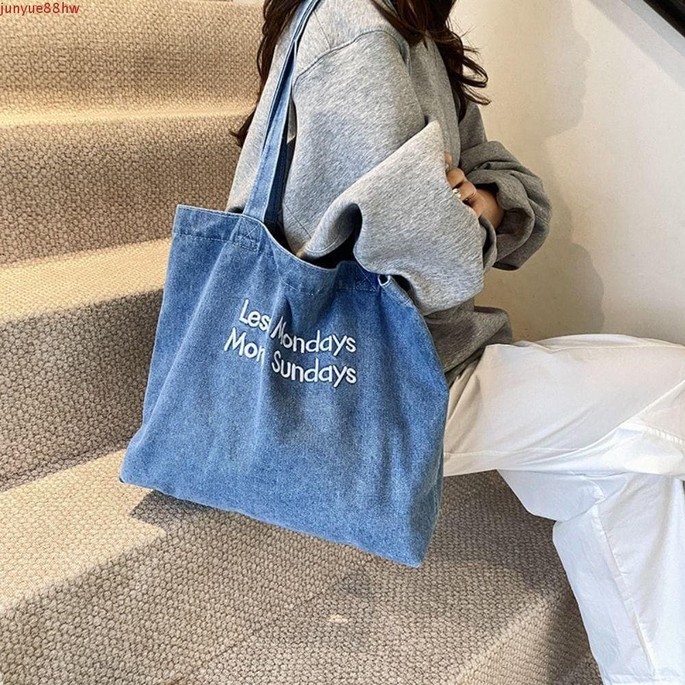 JUNYUE Bolsa De Lona Jeans , Ombro De Grande Capacidade Vintage , Sacola Simples Bordada Com Letras