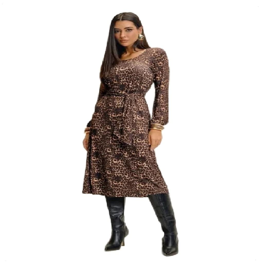 Vestido Midi Manga Longa Animal Print Onça Elegante Charmoso