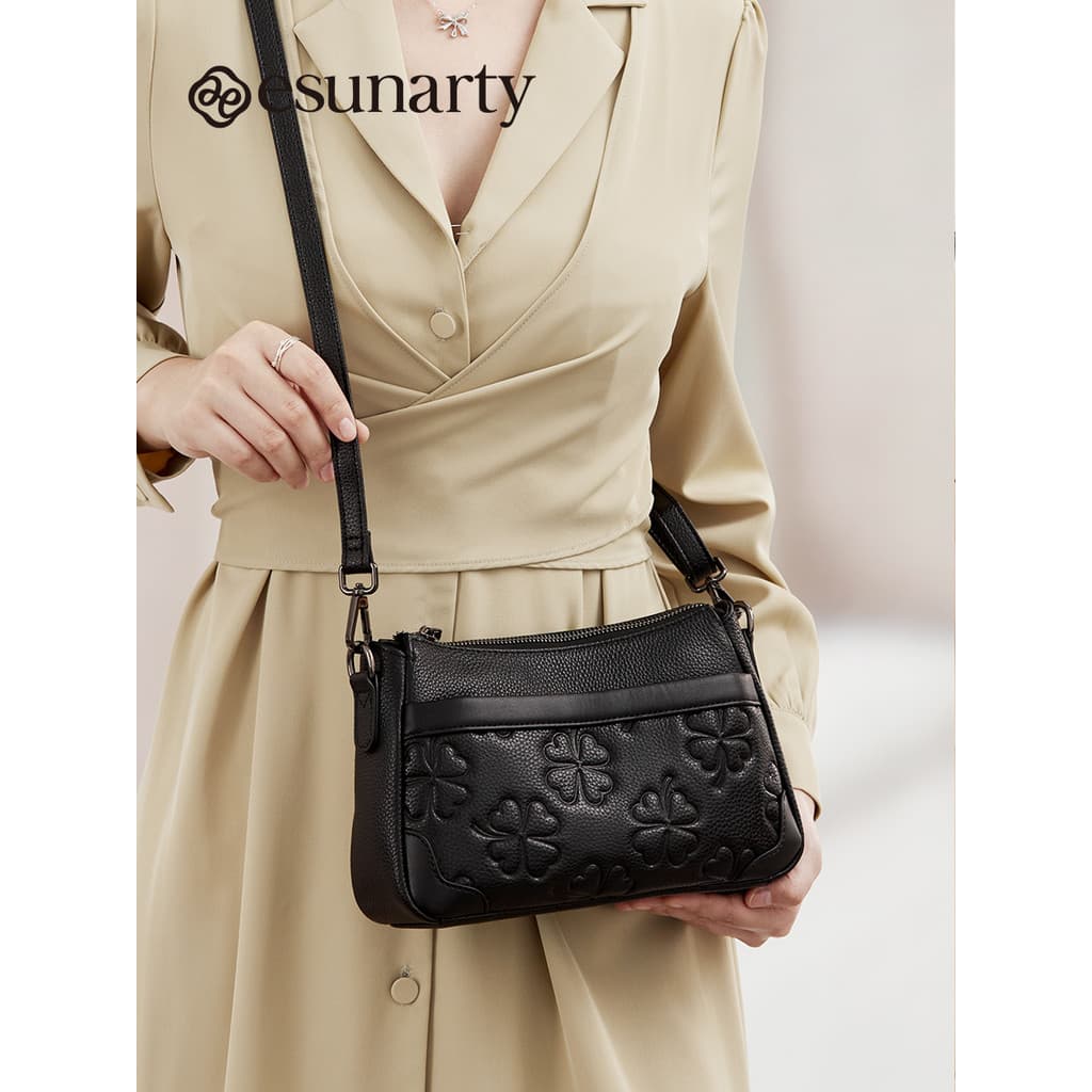Bolsa mensageiro de couro genuíno genuíno feminina 2025 novo estilo outono trevo de quatro folhas Commuter bolsa feminin