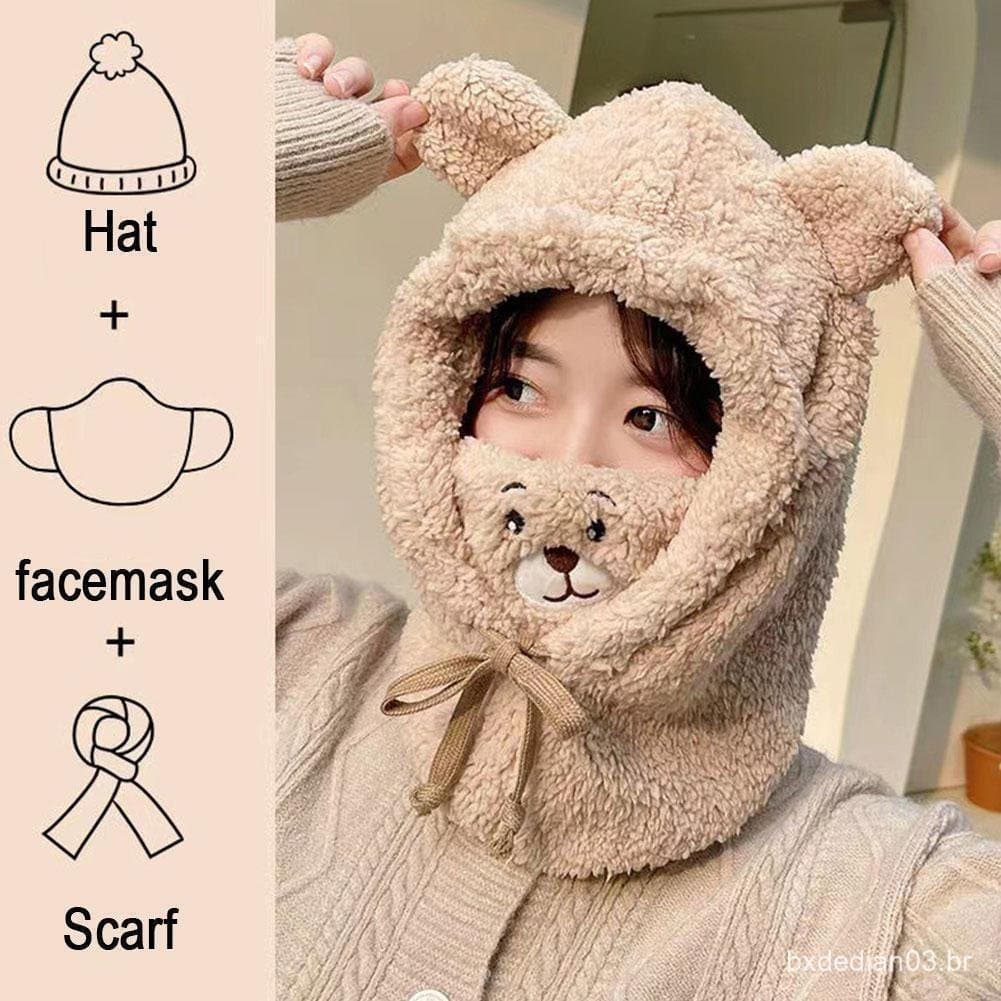 Chapéu De Pelúcia Quente Feminino Integrado Bonés De Proteção De Ouvido Bonito Orelhas De Urso Engrossado Para W8p5