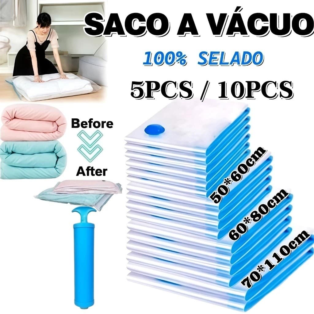 Kit 5/10 Saco a Vacuo COM ou SEM Bomba Organização de Roupas Mala Viagem Guarda Roupas Edredom Cobertor Vários Tamanhos