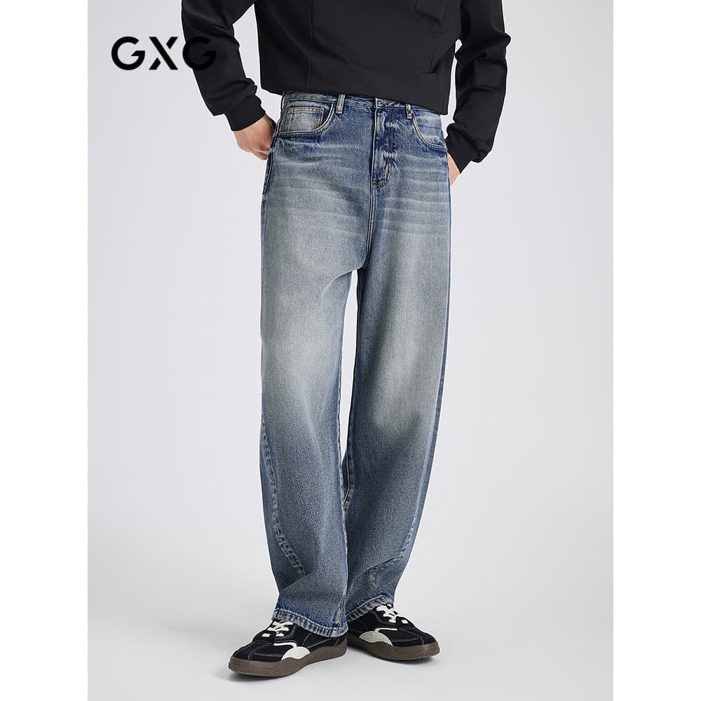 GXG Calça jeans masculina lavada desgastada com Design retrô solta e reta 2025 outono