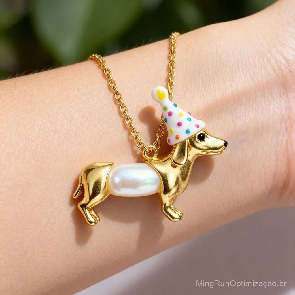 Novo Colar de Pérolas com Cachorrinho Fofo e Chapéu de Festa Colorido, Design de Cachorrinho Dourado Fofo, Colar Feminin
