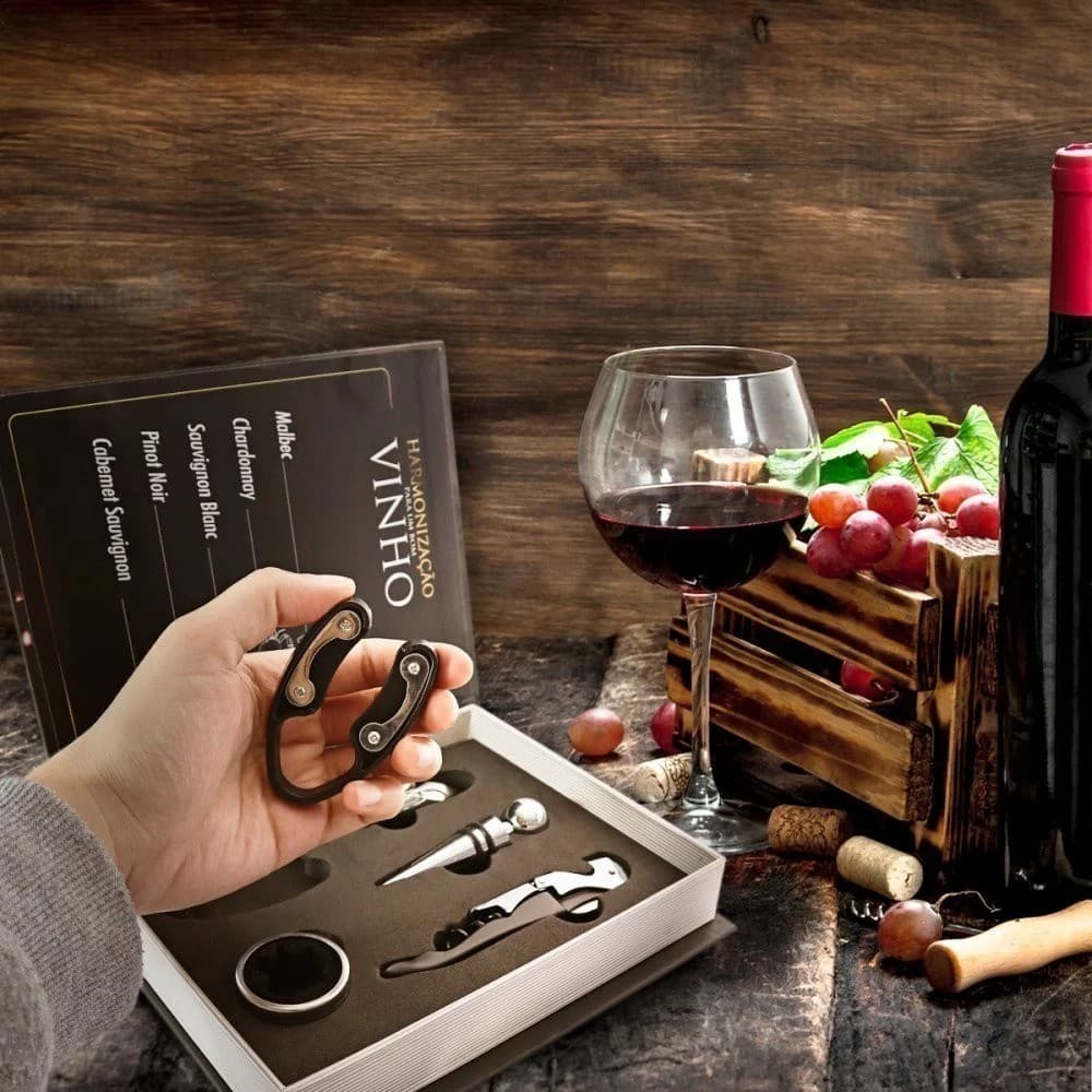 Kit Vinho 5 Peças Tampa Lacre Rosca Puxa Abridor Apreciador Vinho Formato Livro Elegância Saca Rolha