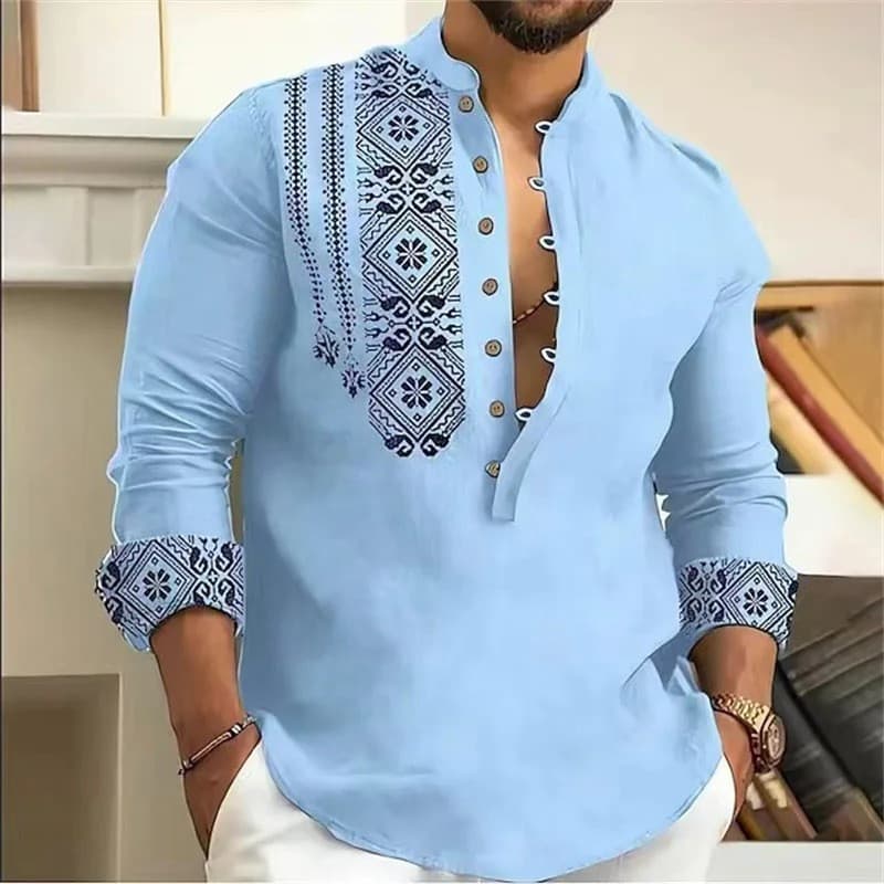 Camisa masculina novo estilo de manga comprida gola alta estampada camisa Casual