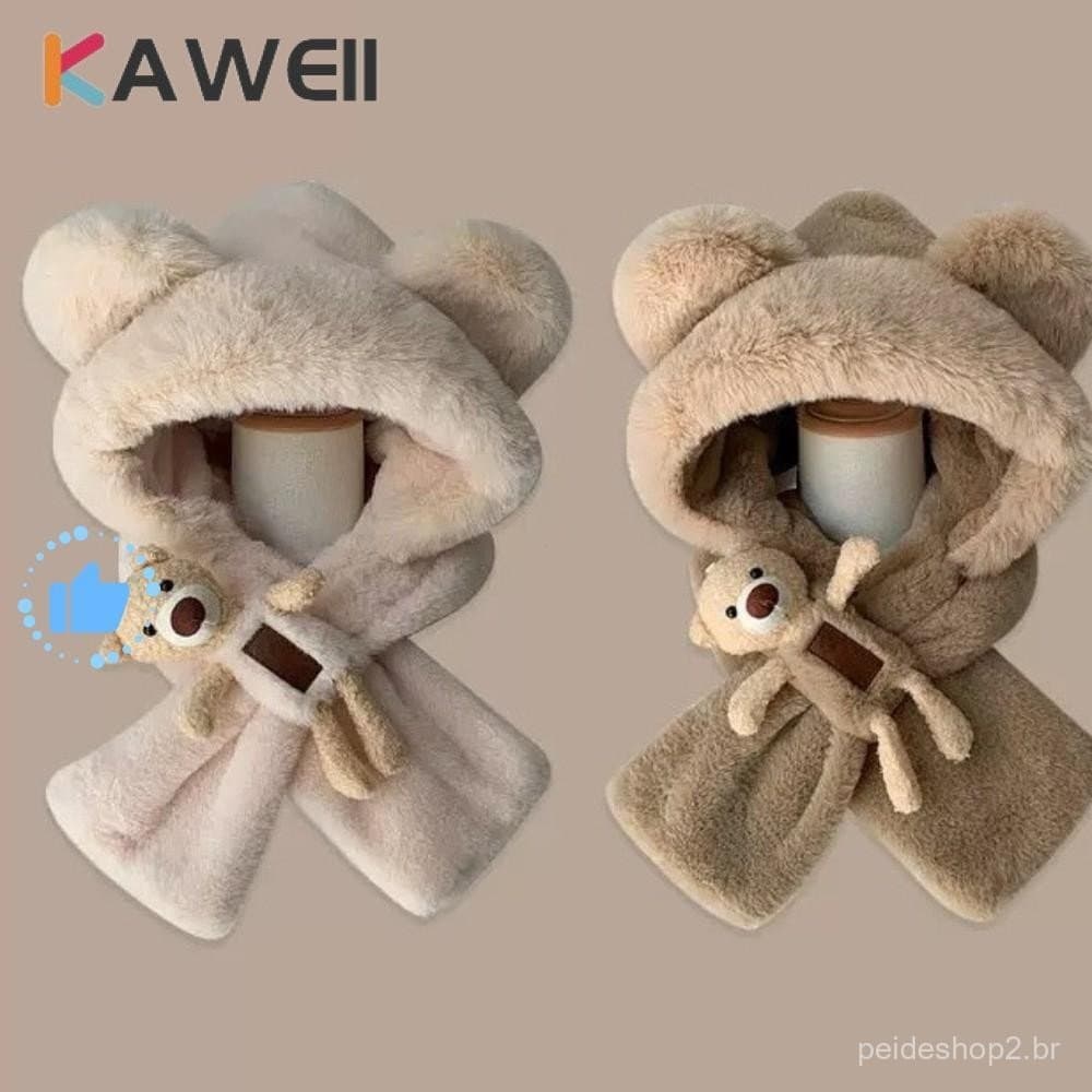Boné Pulôver KAWEII , Conjunto De Cachecol De Chapéu Integrado De Pelúcia De Urso Fofo , Aquecedor De Pescoço Quente À P