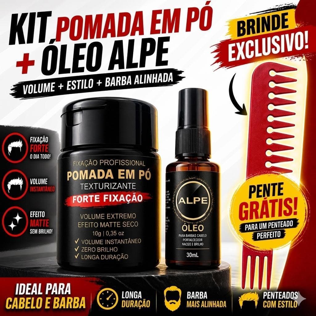 Kit  ALPE Pomada em Pó + Óleo e Pente jacaré cor (aleatória) cabelo liso, Crespo e cacheado