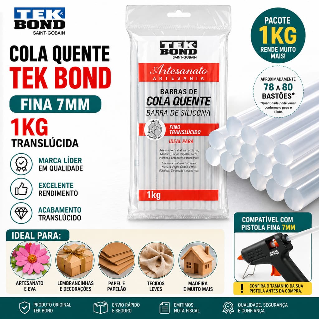 Cola Quente Tek Bond Fina 7mm 1kg Translúcida Profissional Artesanato
