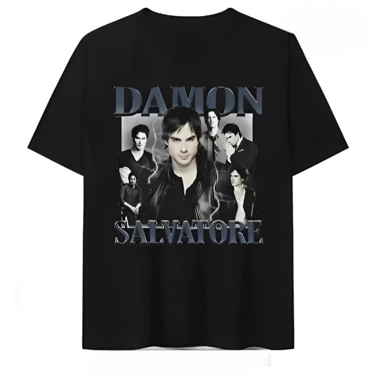 Camiseta Camisa Damon Salvatore Diários de um Vampiro Adulto/Infantil Lançamento Unissex The Vampire Diaries Algodão