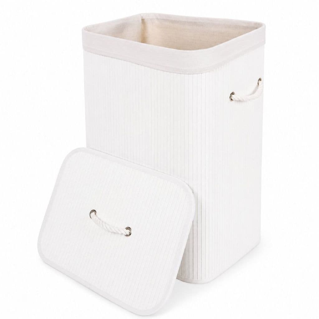 Cesto Roupa Bambu 70 Litros Tampa Lavanderia Banheiro Retangular Branco