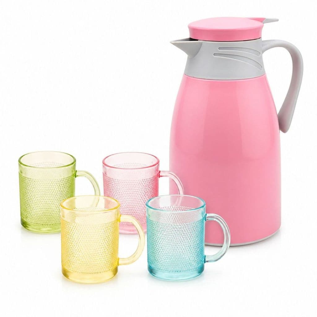 Garrafa Térmica Rosa 1 Litro + Jogo 4 Copos Vidro 190ml Canecas Texturizadas