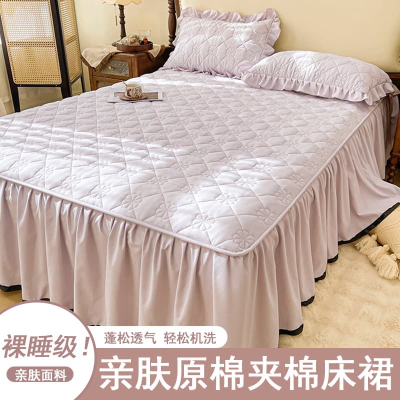 Saia de cama acolchoada de algodão cru, adequada para a pele, peça única, lençol estilo colcha, quatro estações, capa Un