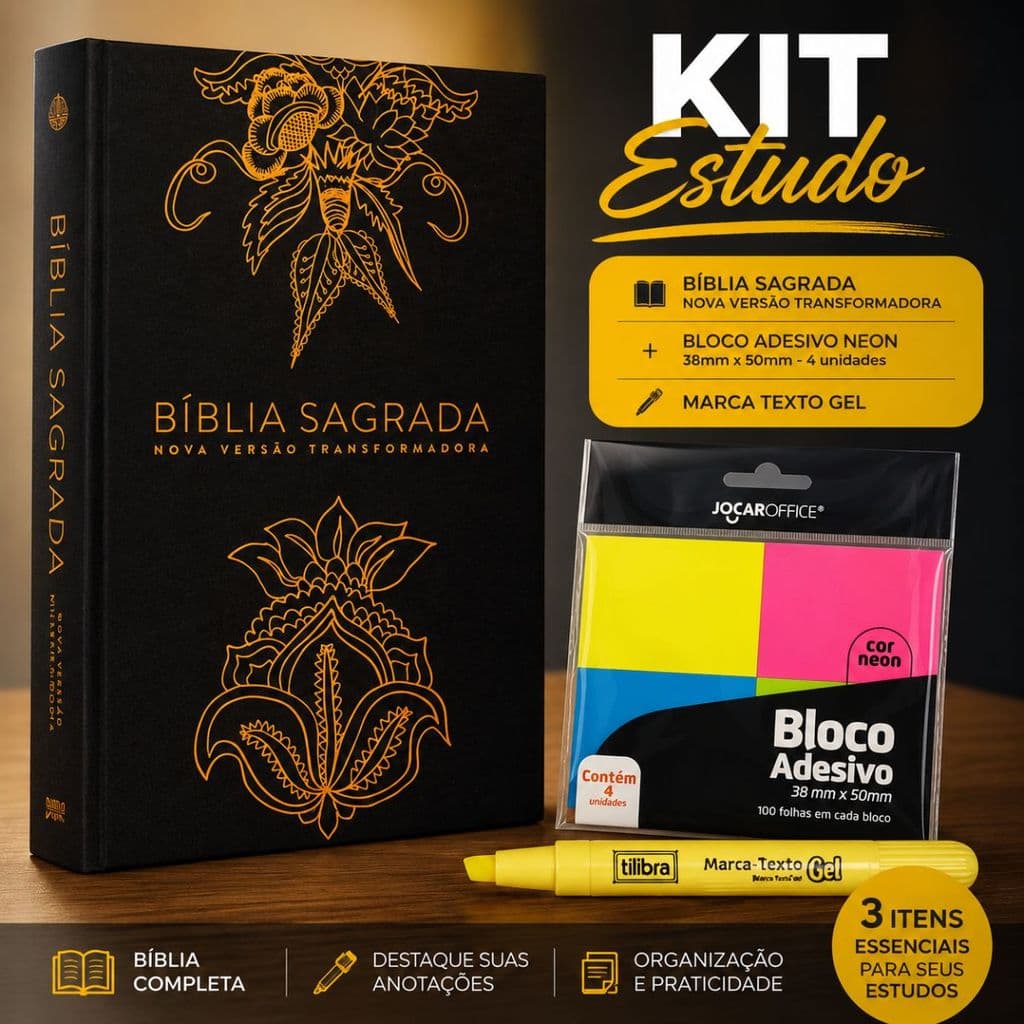 Kit 3 Itens Bíblia NVT L.Normal + Blc de Notas + Marca Texto