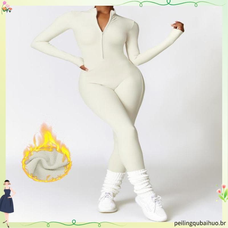 Macacão Feminino Longo Canelado Premium Gringa Virginia Ziper Frontal Manga Longa Zero Transparência