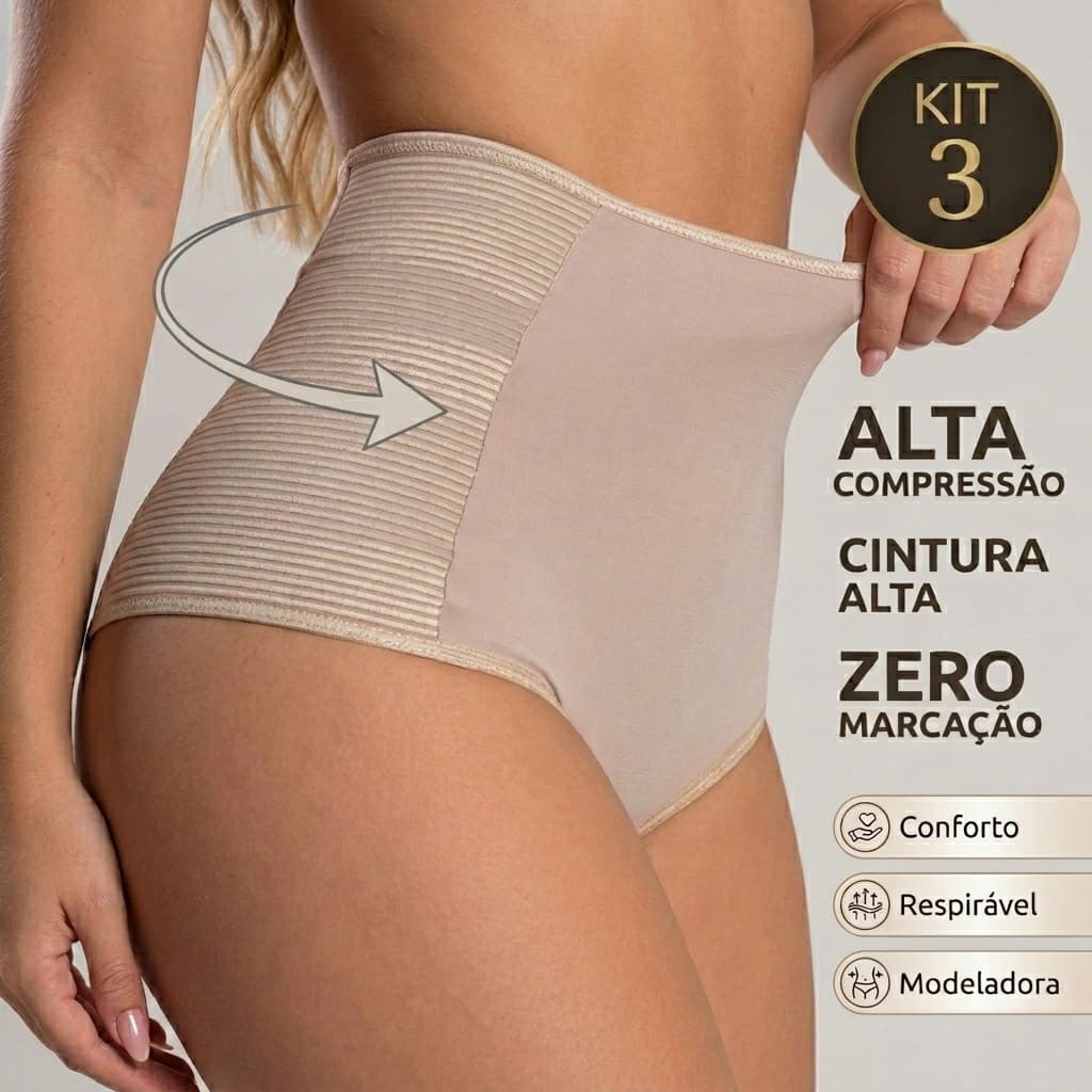 Kit Calcinhas Cinta Modeladora Compressão Cós Alto Redutora de Medidas