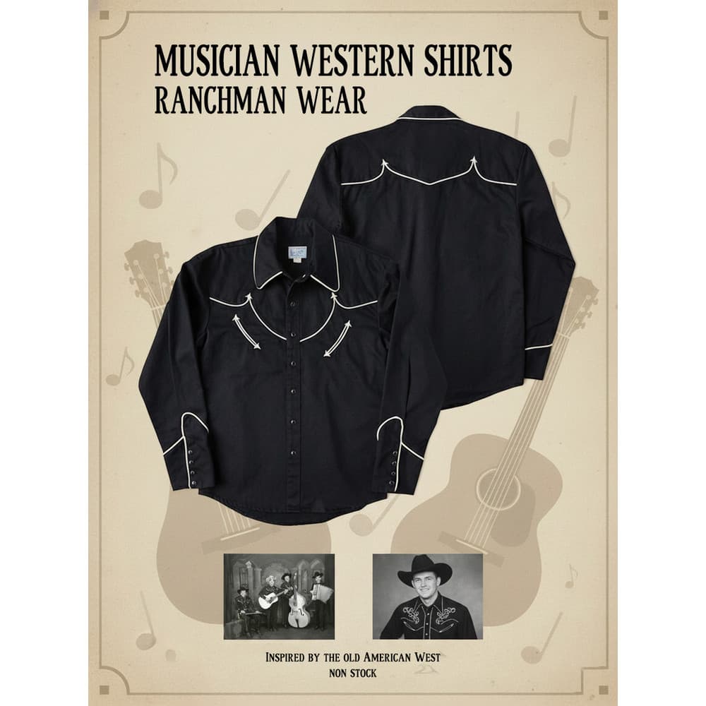 NÃO ESTOQUE Western Denim Músico Bordado Camisa de Manga Comprida Rockabilly Camisa Grossa Preta
