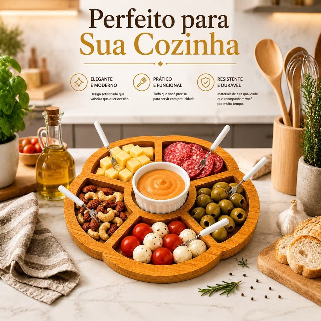 kit Petisqueira Redonda Tábua  Servir 6 Garfos Ramekin Molhos Frios Queijos Bambu MDF