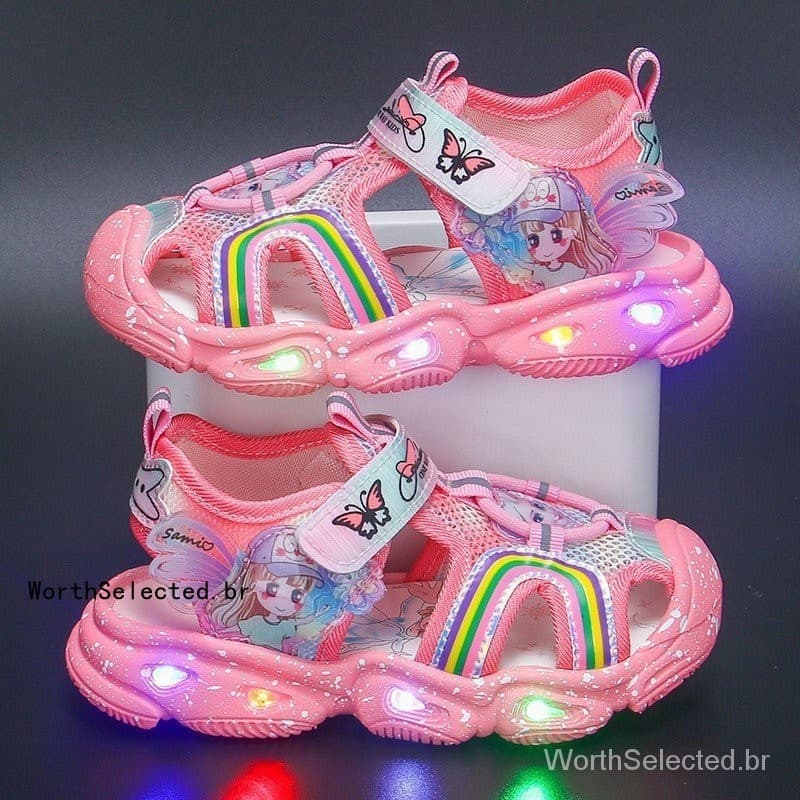 Sandália Infantil Sandálias Meninas Com Luz LED Rosa Desenho Animado Sapatos De Praia Velcro Bebê Tamanho : 22-37