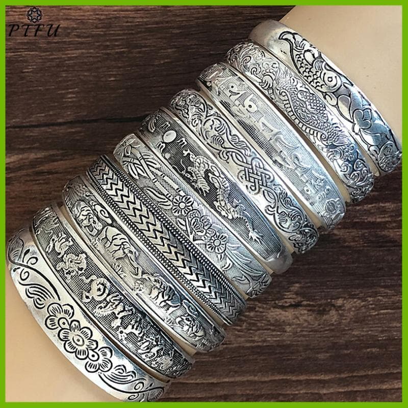 PTFU > Pulseira De Abertura Retrô Joias Vintage Tibetana Prata Totem Esculpida Manguito Novo