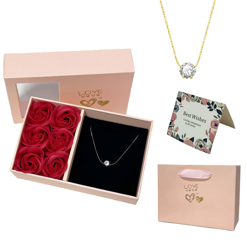 Colar delicado feminino, pingente redondo zircônia, kit caixa de rosa para presente