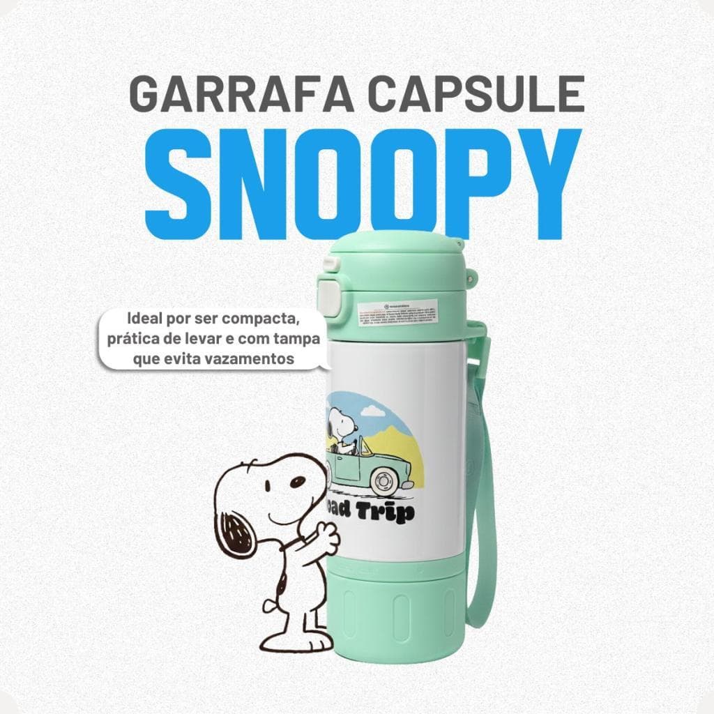 Squeeze Térmico Snoopy 450ml Capsule Inox Com Alça E Canudo Peanuts Infantil Portátil Fofo Presente