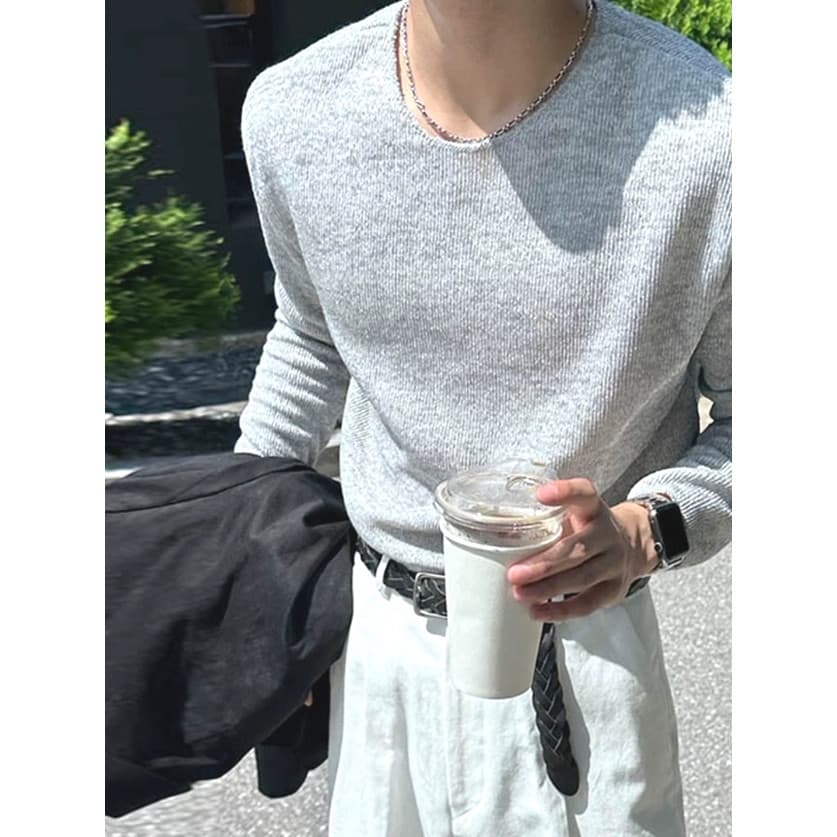 Mini malhas de pelúcia masculinas em forma de u decote grande solto manga comprida camiseta texturizada moletom puxar go