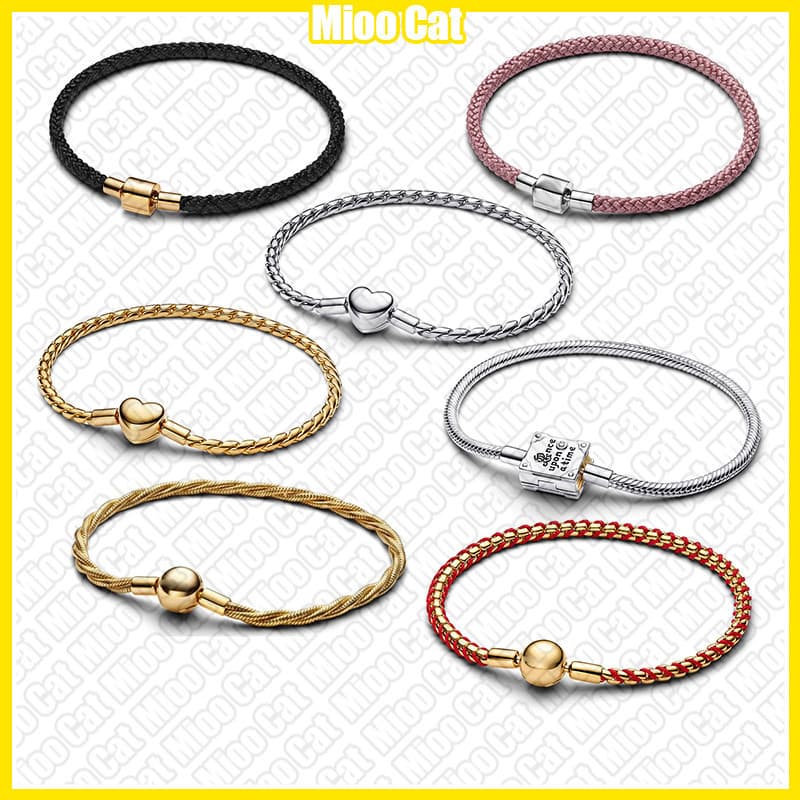 Pulseira DIY, cordão trançado rosa, banhada a prata S925 + bolsa de veludo 7RLB