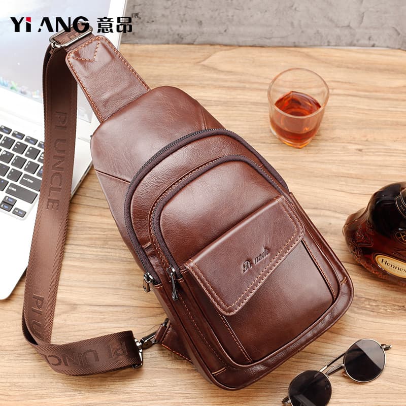 Bolsa de peito de couro genuíno masculina Casual bolsa mensageiro moda bolsa de ombro Multi-bolso grande capacidade prim