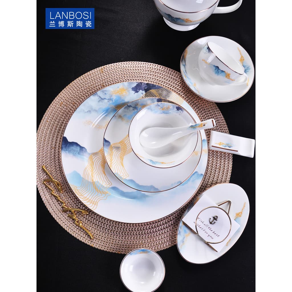 Novo estilo chinês Hotel utensílios de mesa cerâmica osso China conjunto High-End clube embrulho bancada pratos colher c