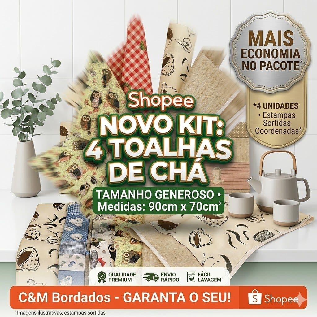 Kit 4 Toalhas de Chá 90x70 Estampadas Pano de Copa Multiuso Oferta Limitada Envio Rápido Atacado