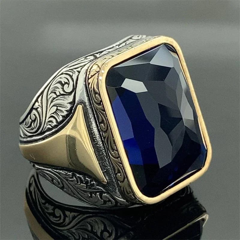 Delicado Geometria Quadrada Ouro Escuro Prata Cor Anéis De Pedra Azul Para Homens Festa Jóias Presente
