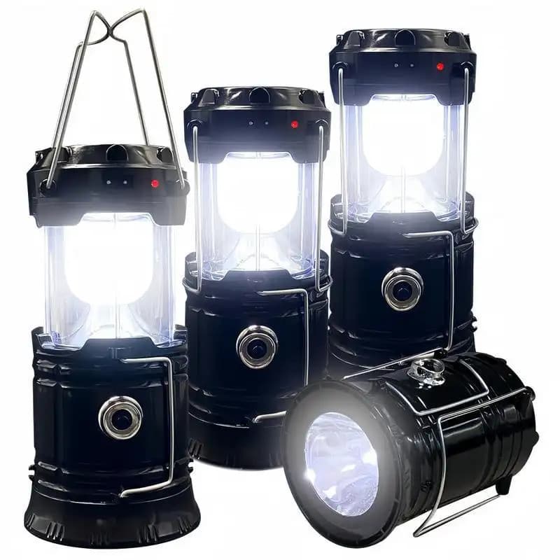 Conjunto de 4 Lanternas LED Portáteis e Dobráveis para Camping, Leves, Impermeáveis, Recarregáveis por USB e Energia Sol