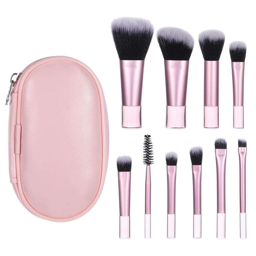 Conjunto de 10 Pincéis de Maquiagem Mini para Viagem com Estojo Rosa, Pincéis de Maquiagem Portáteis Profissionais, Kits