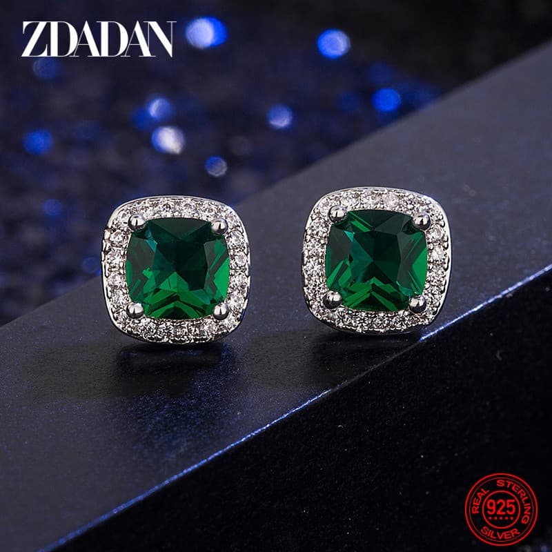 ZDADAN 925 prata esterlina 9 mm brincos quadrados esmeralda, joias da moda feminina.