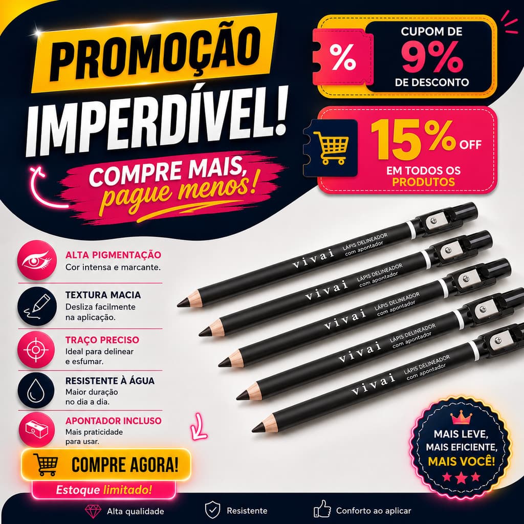 Kit 4 Lápis Delineador Preto com Apontador Vivai