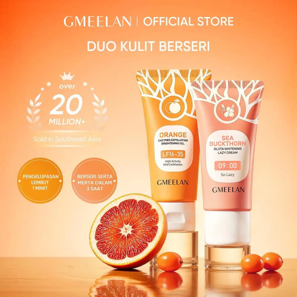 Conjunto Iluminador GMEELAN: Creme Clareador Gluta Sea Buckthorn 30g + Gel Esfoliante Iluminador com Enzimas de Laranja