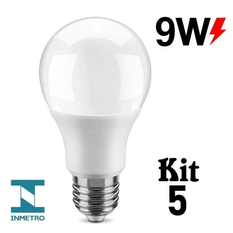 Kit 5 Lampada Led 9w Bulbo E27 Bivolt 6500K Branco Frio