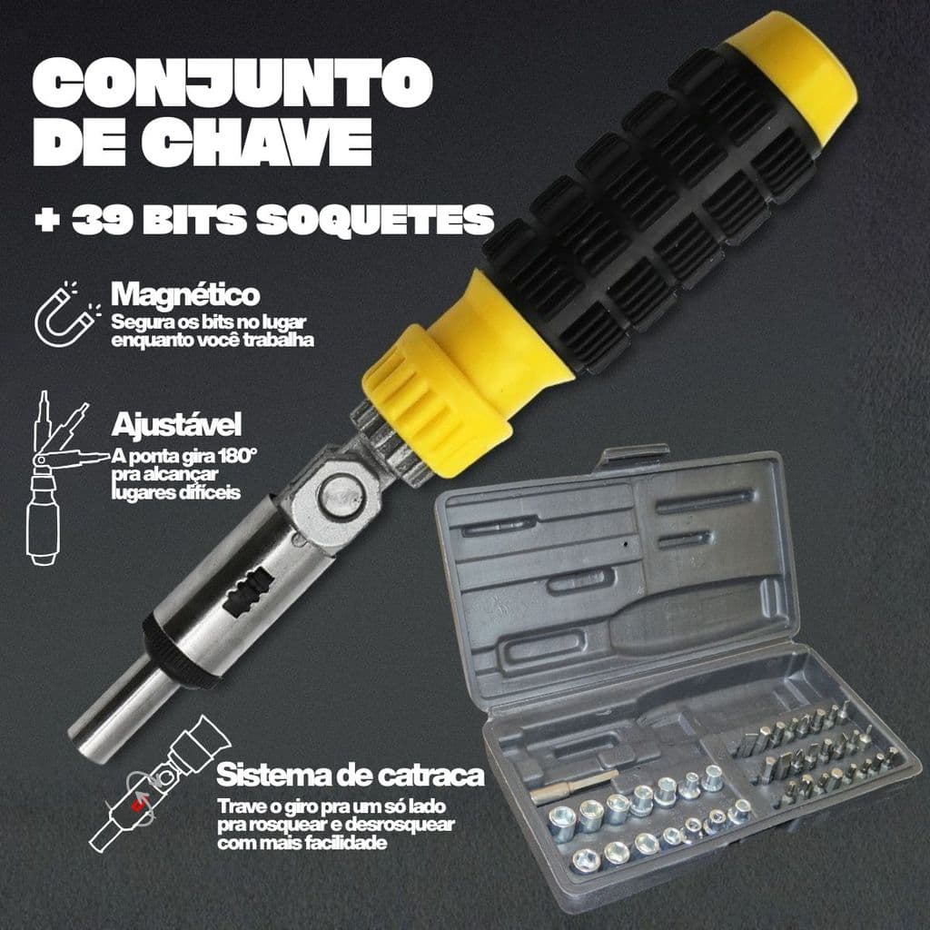 Kit Chave Catraca 40 Peças Cabo Com Giro 180° pra Mais Alcance Multiuso Casa Carro