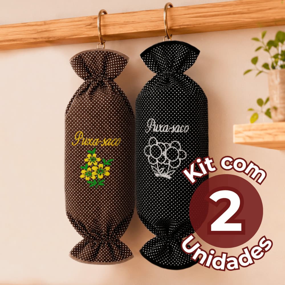 Kit 2 Puxa Sacos Poá Bordado Dispenser Organizador de Sacolas Plásticas
