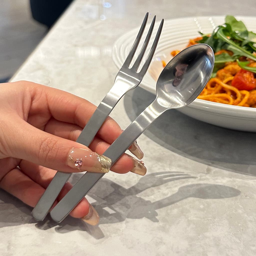 Estilo Japonês Estilo Muji!Colher infantil de aço inoxidável, garfo para comer, colher de frutas para bebê