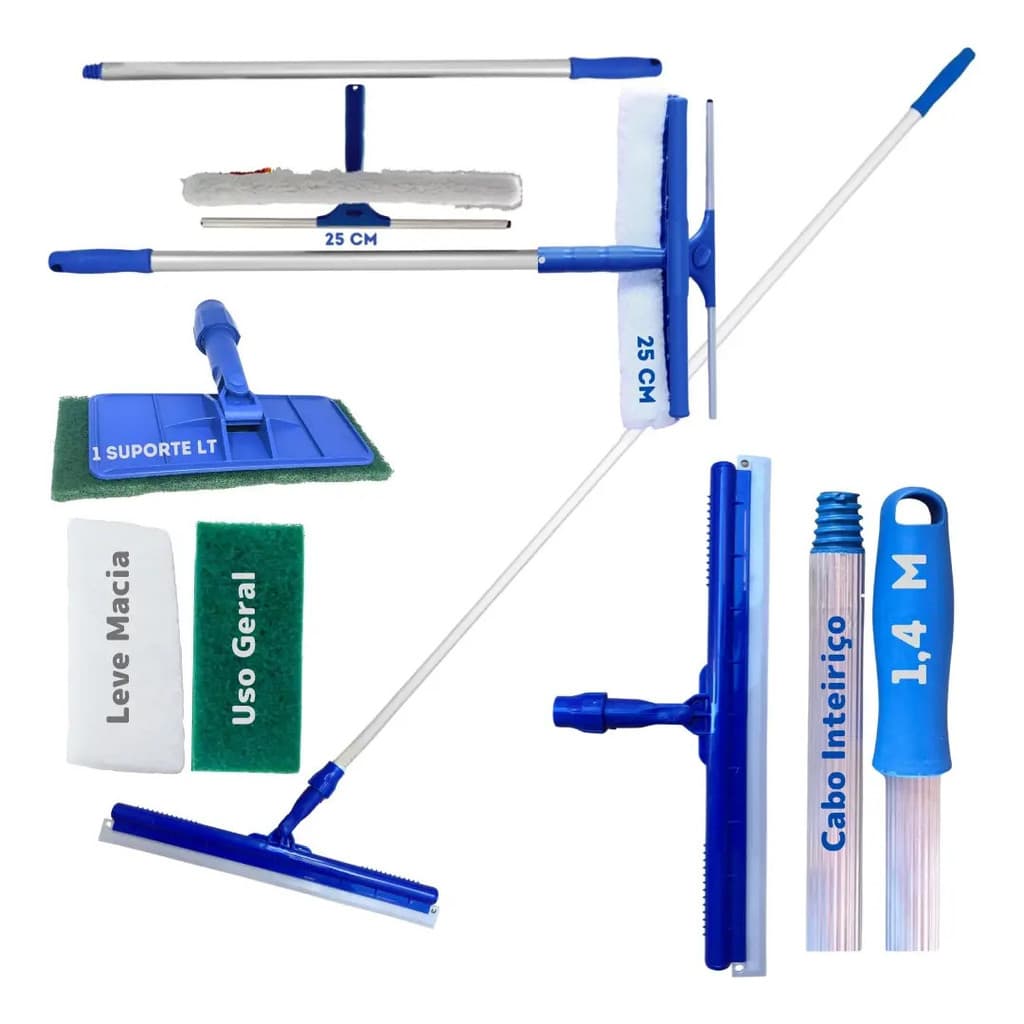 Kit Suporte Limpa Tudo + Rodo Twister  40cm + Limpa Vidro 25cm Comb Esfregão + 4 fibras + Cabo 1,4 metros + CABO 80CM
