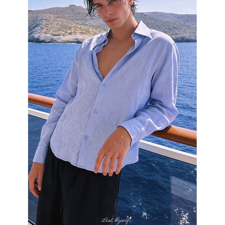 Europeu luz azul algodão linho camisa masculina americano Retro fino-ajuste de manga comprida protetor solar Cardigan li
